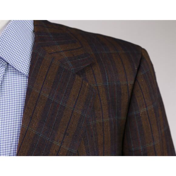 Tom James Vintage 80s Burgundy Brown Plaid Raw Silk 2-Btn Blazer Jacket 46R - Picture 4 of 9